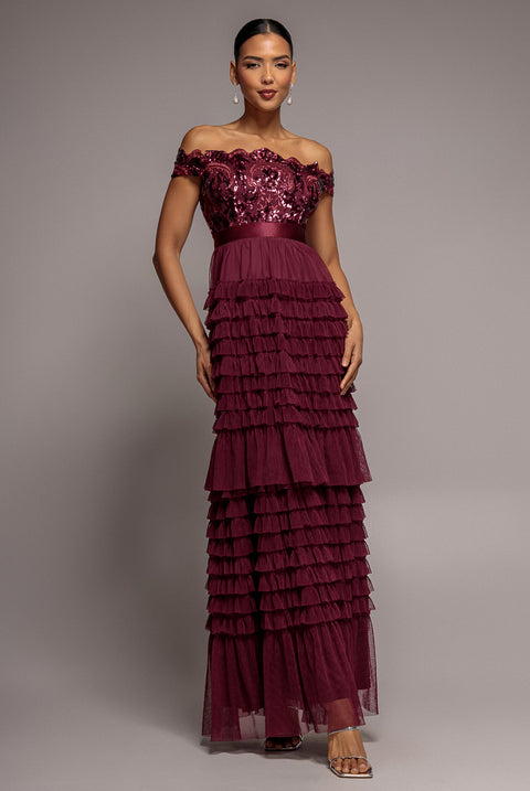 Scallop Bardot Ruffle Mesh Maxi - Burgundy by Goddiva