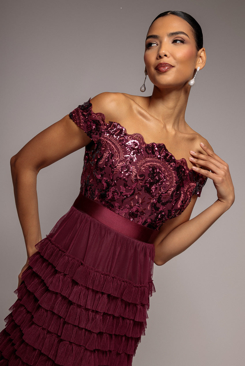 Scallop Bardot Ruffle Mesh Maxi - Burgundy DR3742