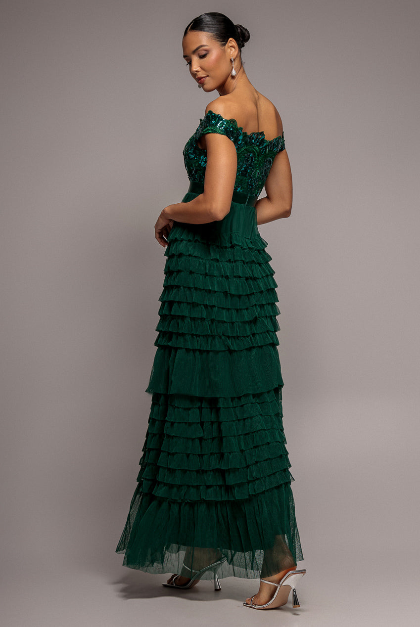 Scallop Bardot Ruffle Mesh Maxi - Emerald Green DR3742
