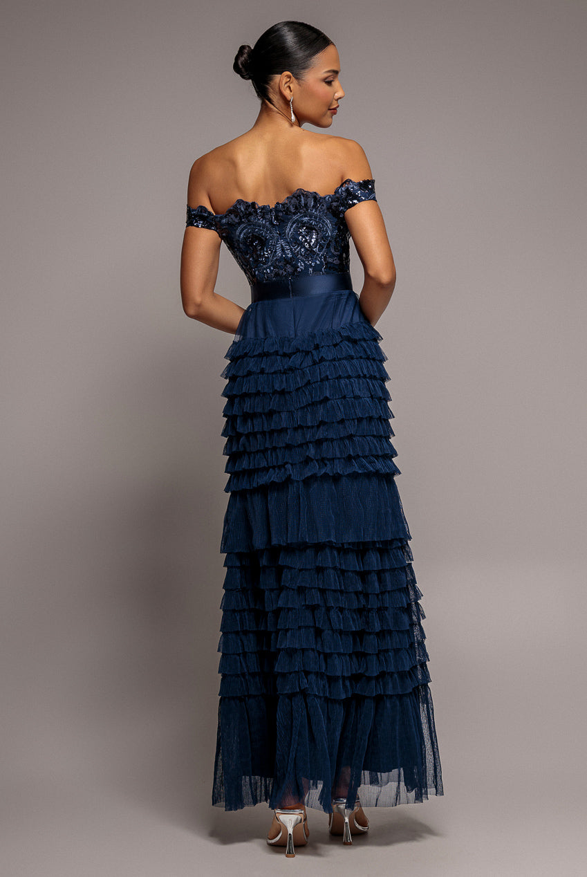 Scallop Bardot Ruffle Mesh Maxi - Navy DR3742