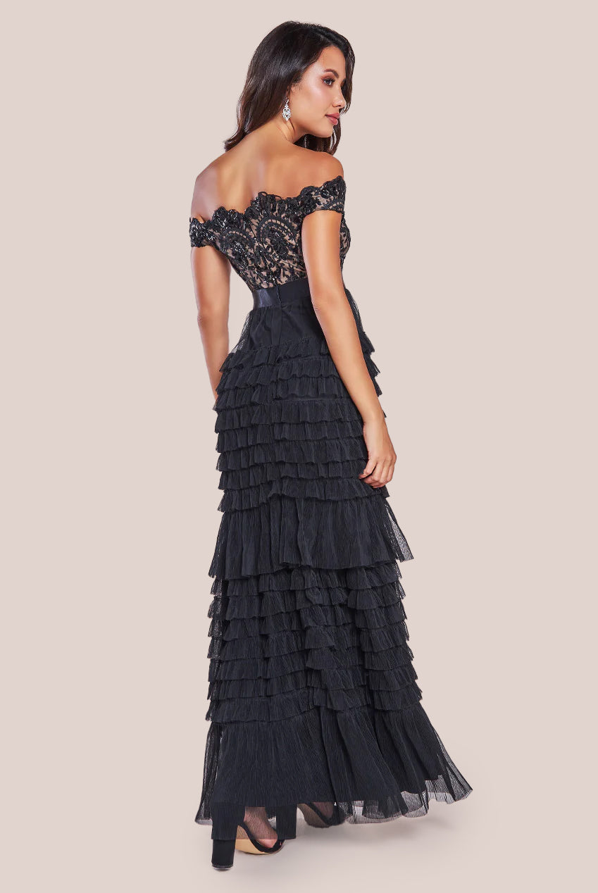 Scallop Bardot Ruffle Mesh Maxi - Black DR3742