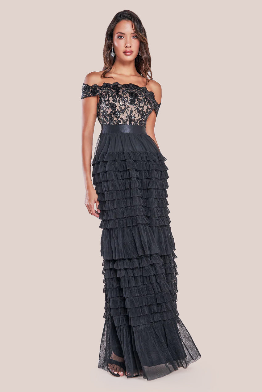 Scallop Bardot Ruffle Mesh Maxi - Black DR3742