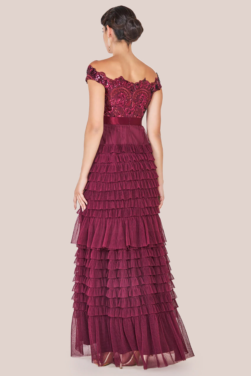 Scallop Bardot Ruffle Mesh Maxi - Burgundy DR3742