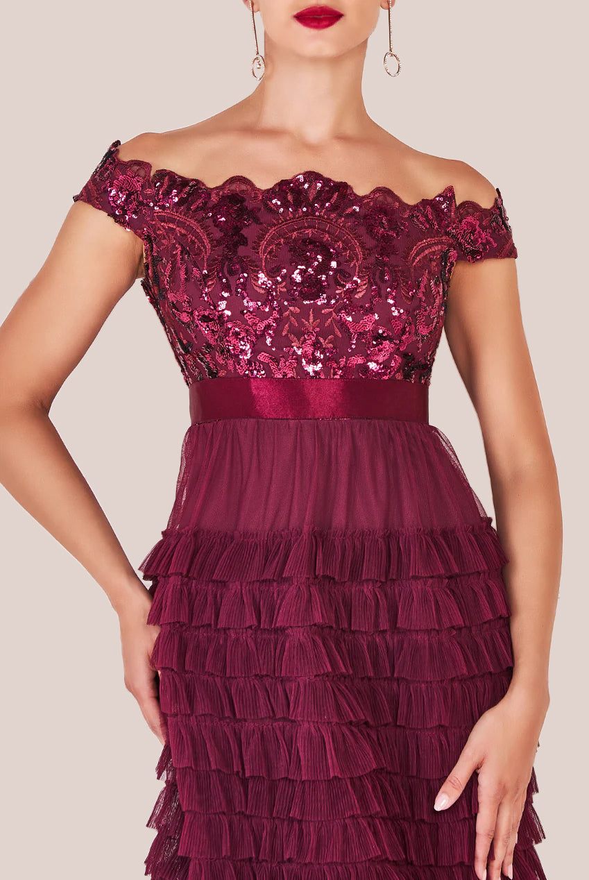 Scallop Bardot Ruffle Mesh Maxi - Burgundy DR3742