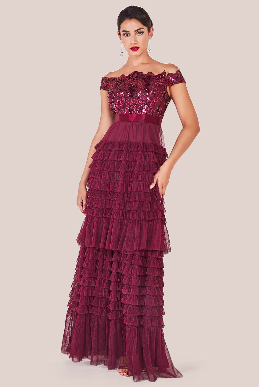 Scallop Bardot Ruffle Mesh Maxi - Burgundy DR3742