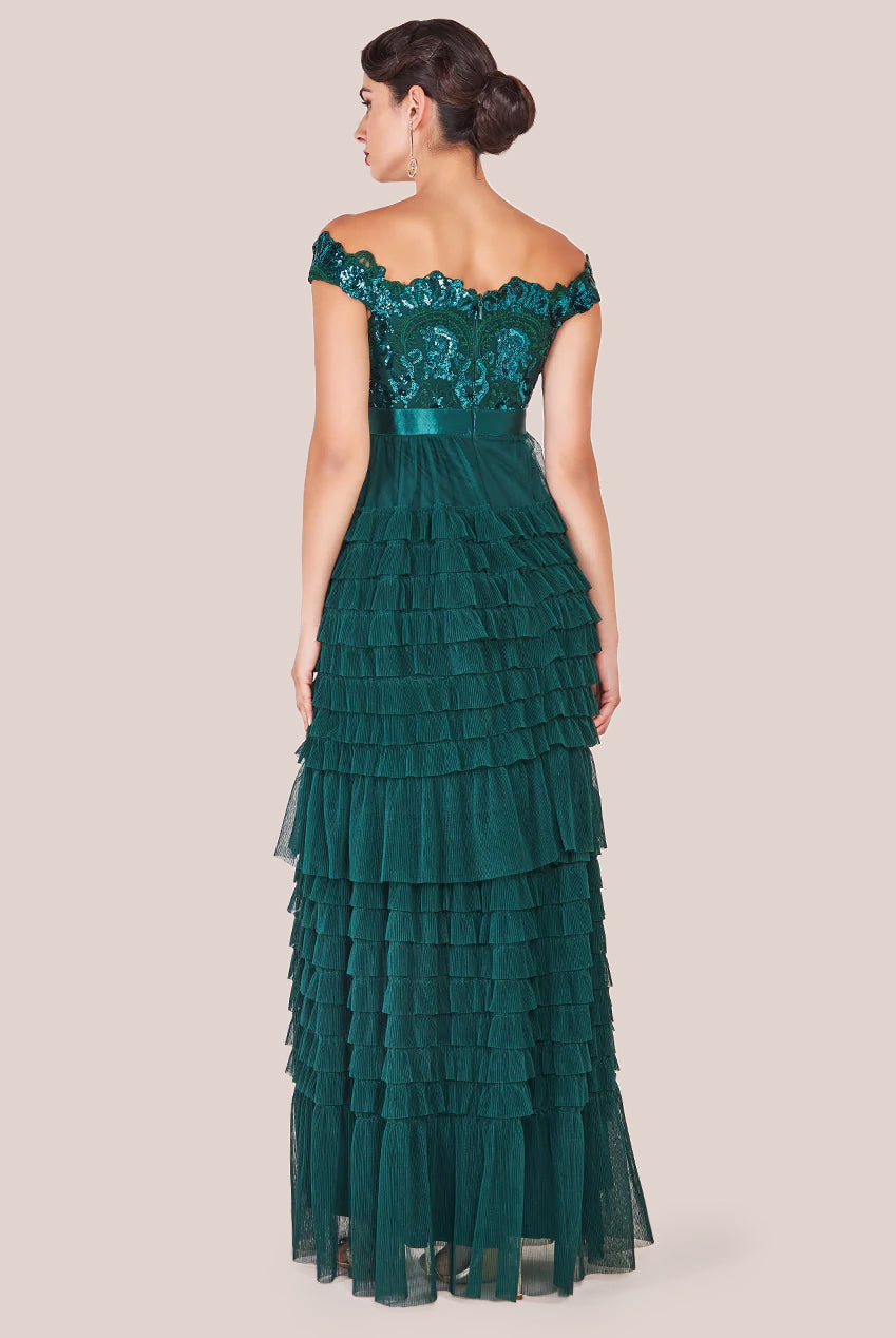 Scallop Bardot Ruffle Mesh Maxi - Emerald Green DR3742