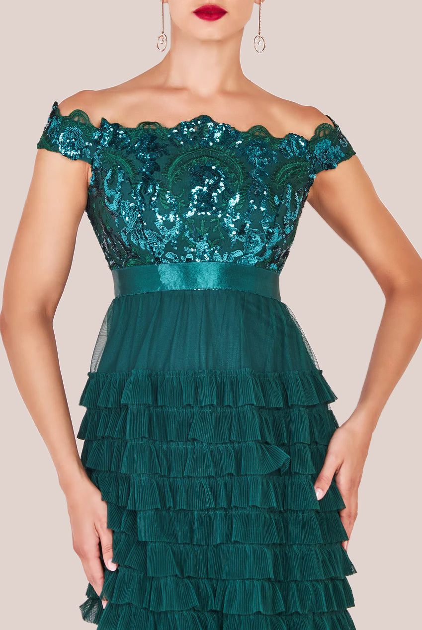 Scallop Bardot Ruffle Mesh Maxi - Emerald Green DR3742