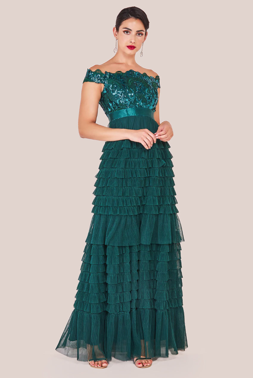 Scallop Bardot Ruffle Mesh Maxi - Emerald Green DR3742