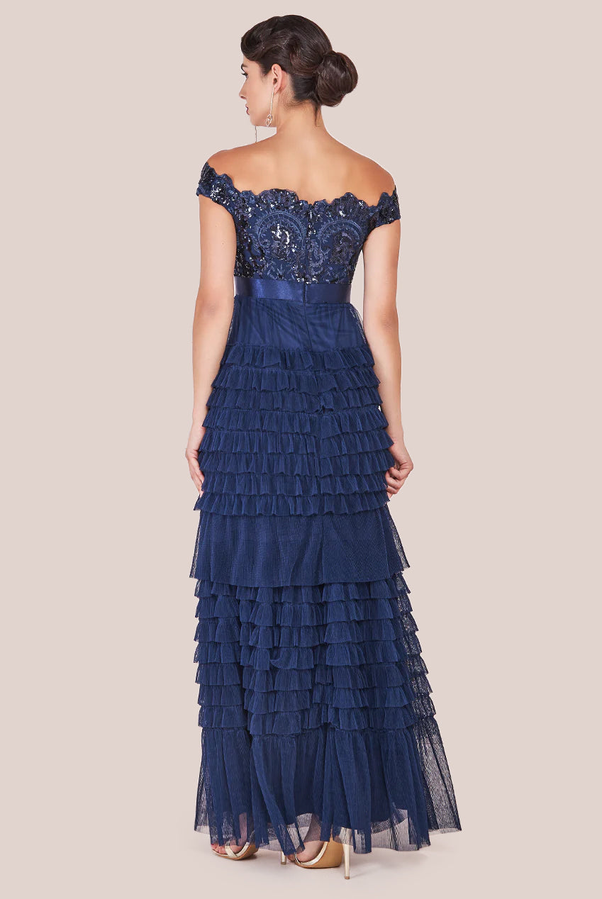 Scallop Bardot Ruffle Mesh Maxi - Navy DR3742