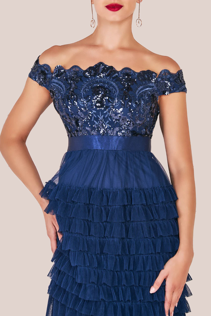 Scallop Bardot Ruffle Mesh Maxi - Navy DR3742