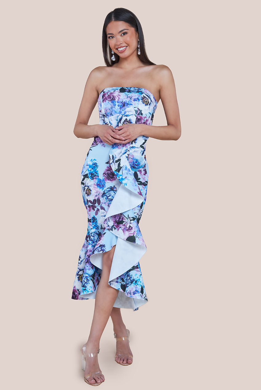 Ruffled Floral Scuba Foam Bandeau Midi Dress - Blue DR3745