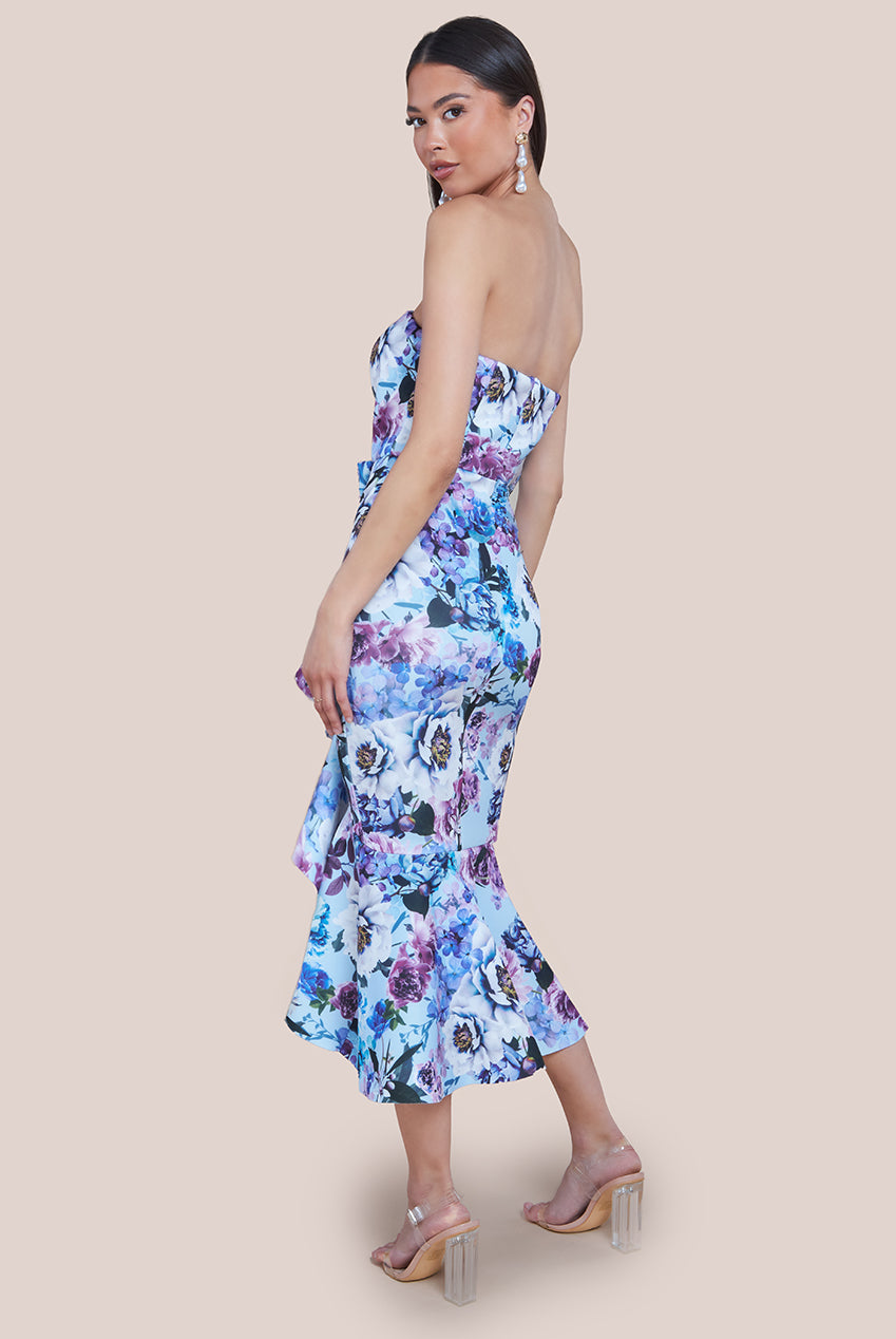 Ruffled Floral Scuba Foam Bandeau Midi Dress - Blue DR3745