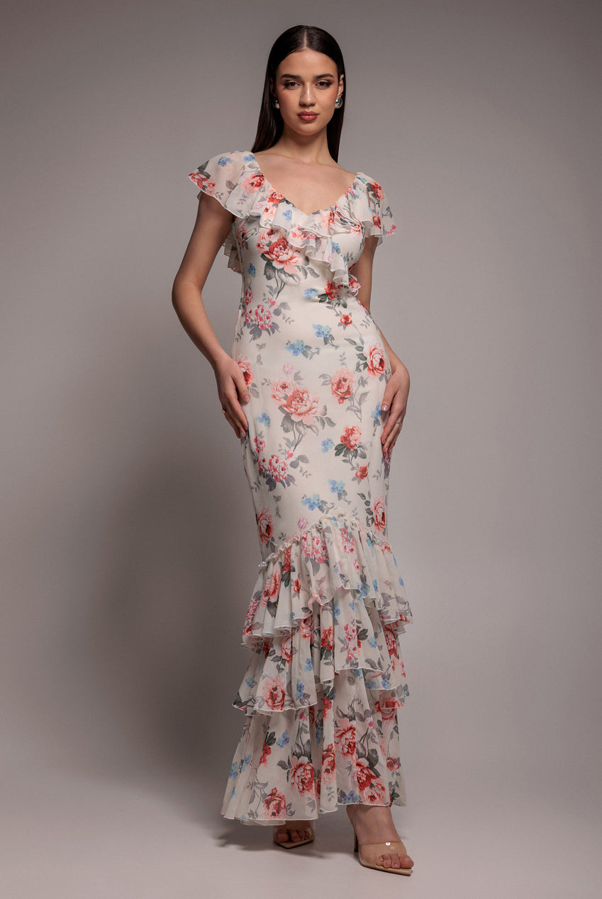 Floral Printed Chiffon Ruffle Maxi - Cream DR3750