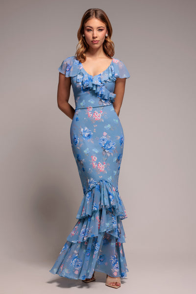 Floral Printed Chiffon Ruffle Maxi - Blue | Goddiva Floral Printed Chiffon Ruffle Maxi - Blue | Goddiva