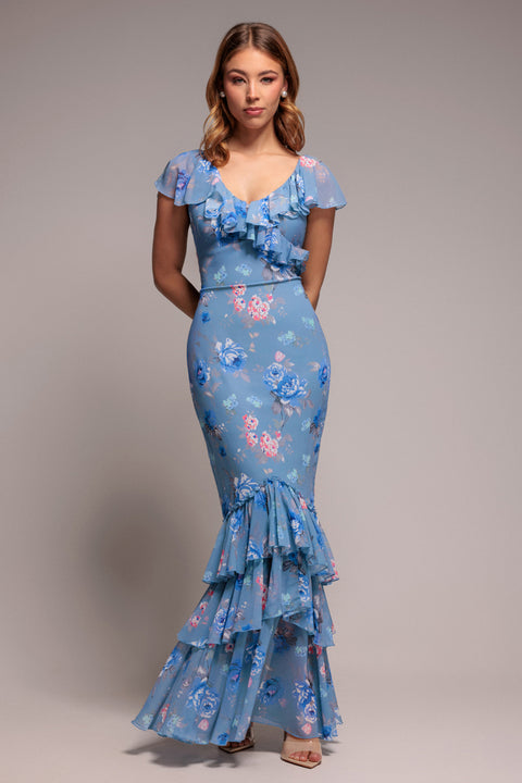 Floral Printed Chiffon Ruffle Maxi - Blue by Goddiva