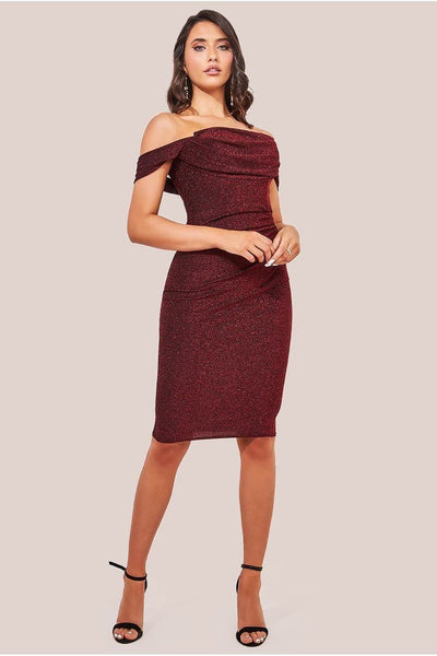 Red - Lurex Cowl Neck Off The Shoulder Midi - Red by Goddiva