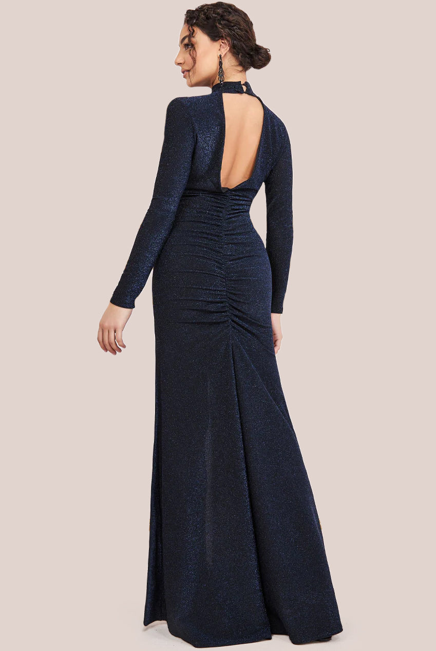 High Neck Keyhole Thigh Split Maxi Dress - Navy DR3753