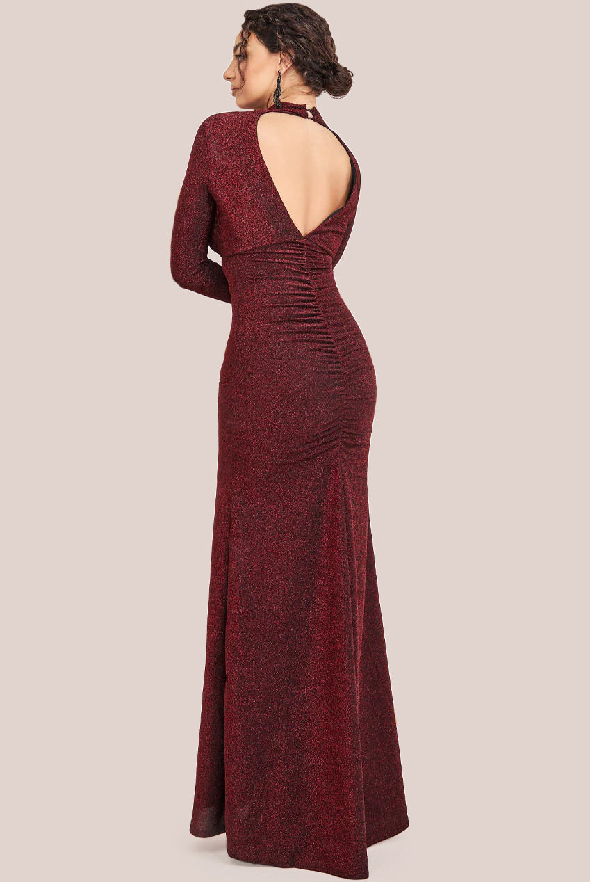 High Neck Keyhole Thigh Split Maxi Dress - Red DR3753