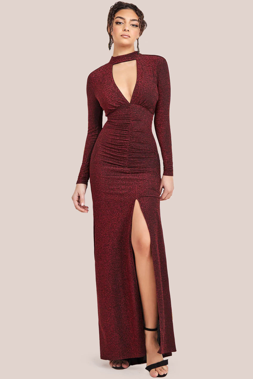 High Neck Keyhole Thigh Split Maxi Dress - Red DR3753