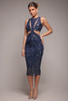 Patterned Sequin Cut Out Midi Dress - Navy by Goddiva