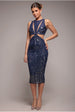 Patterned Sequin Cut Out Midi Dress - Navy by Goddiva