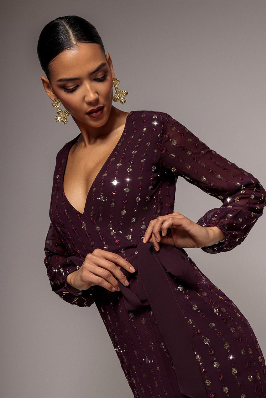 Wrap Over Sequin Mini Dress - Wine DR3760