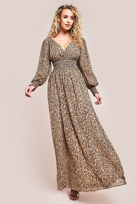 Long Sleeve Maxi Shirred Waistband - Animal Print DR3765C