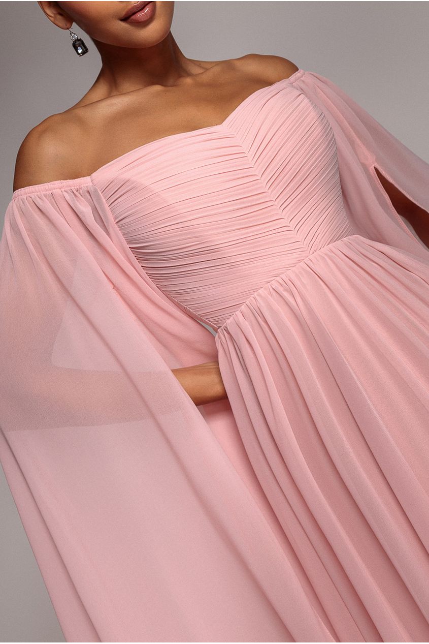 Chiffon Off The Shoulder Maxi With Cape Sleeves  - Blush DR3780