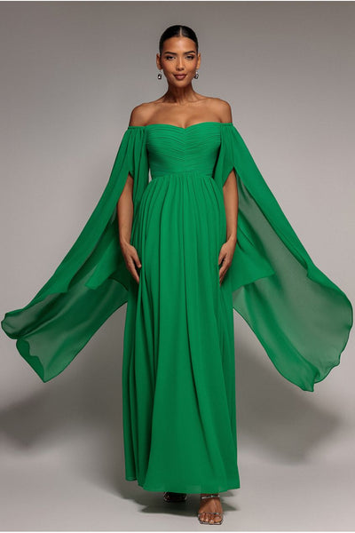 Chiffon Off The Shoulder Maxi With Cape Sleeves - Green by Goddiva