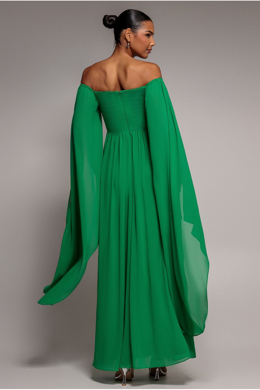 Chiffon Off The Shoulder Maxi With Cape Sleeves - Green DR3780
