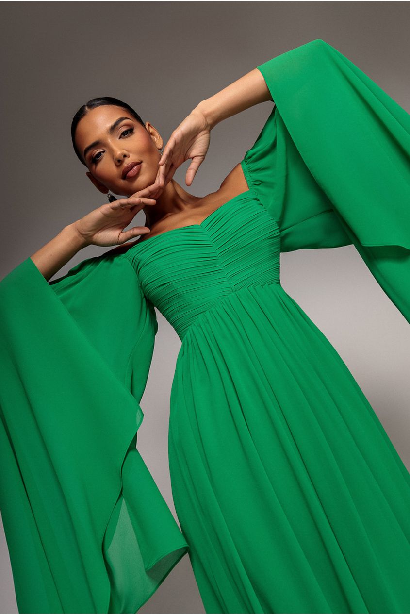 Chiffon Off The Shoulder Maxi With Cape Sleeves - Green | Goddiva Chiffon Off The Shoulder Maxi With Cape Sleeves - Green | Goddiva