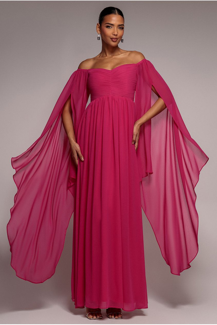 Chiffon Off The Shoulder Maxi With Cape Sleeves  - Hot Pink DR3780