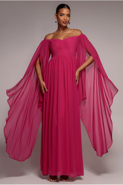 Hotpink - Chiffon Off The Shoulder Maxi With Cape Sleeves  - Hot Pink by Goddiva
