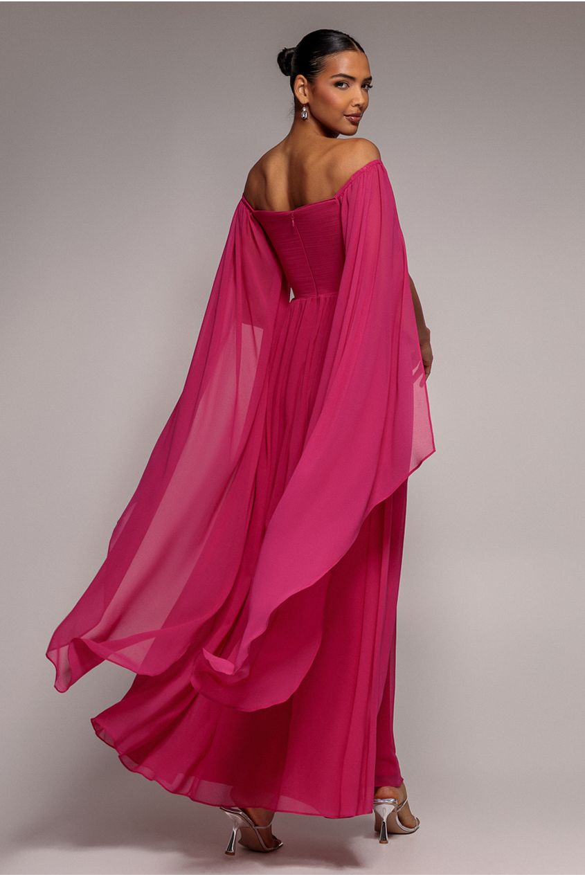 Chiffon Off The Shoulder Maxi With Cape Sleeves  - Hot Pink DR3780