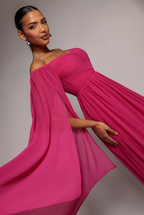 Chiffon Off The Shoulder Maxi With Cape Sleeves  - Hot Pink by Goddiva