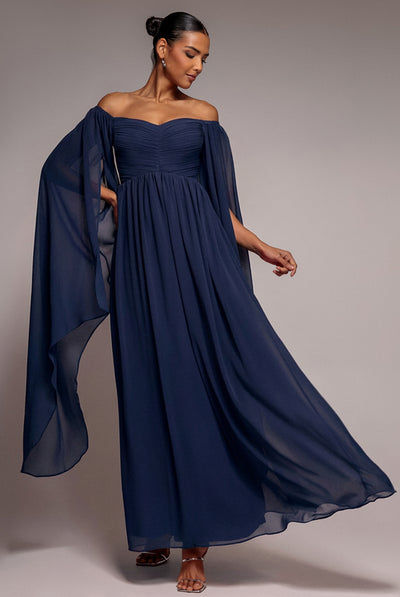 maxi navy dress with sleeves Chiffon Off The Shoulder Maxi With Cape Sleeves - Navy