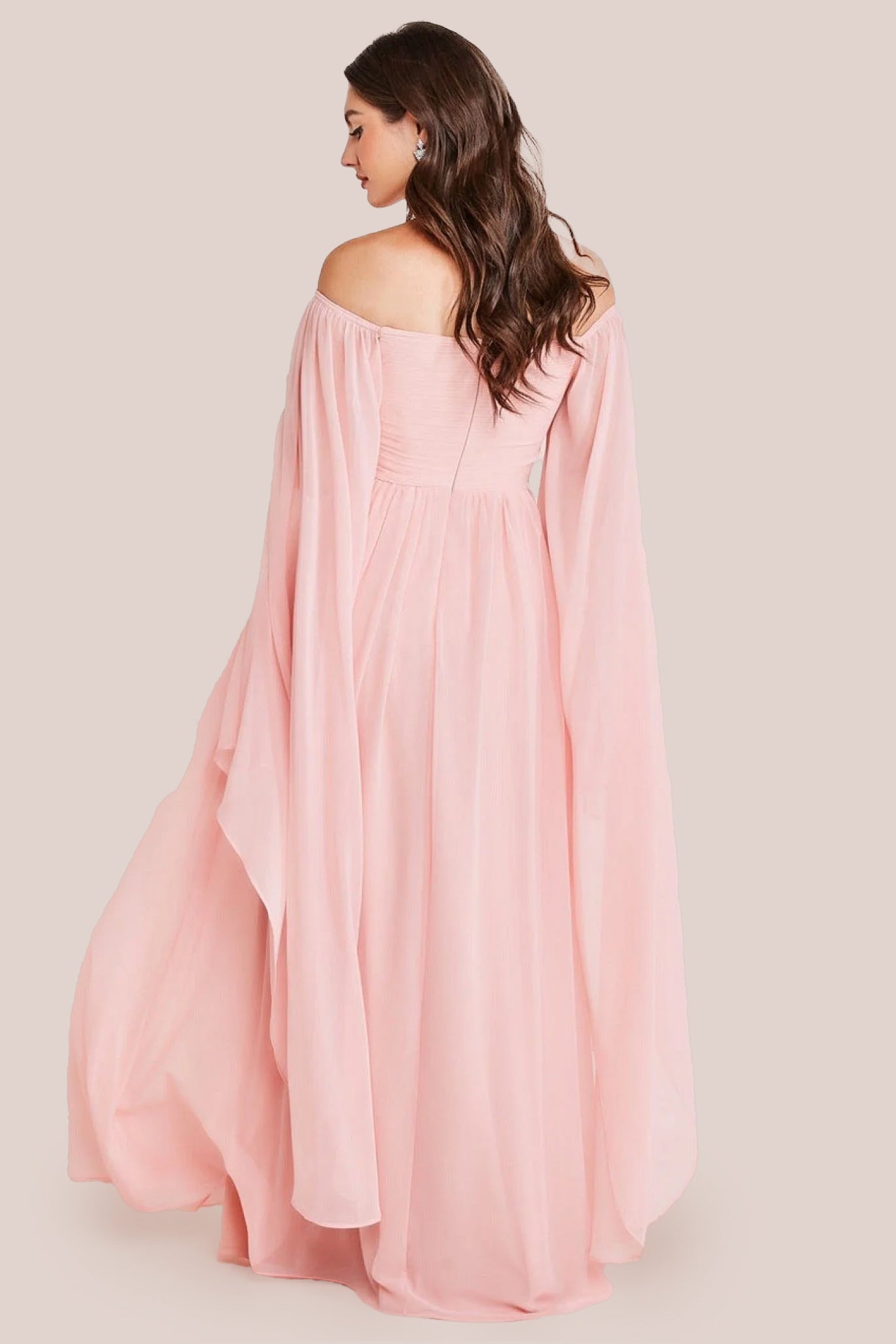 Chiffon Off The Shoulder Maxi With Cape Sleeves  - Blush DR3780