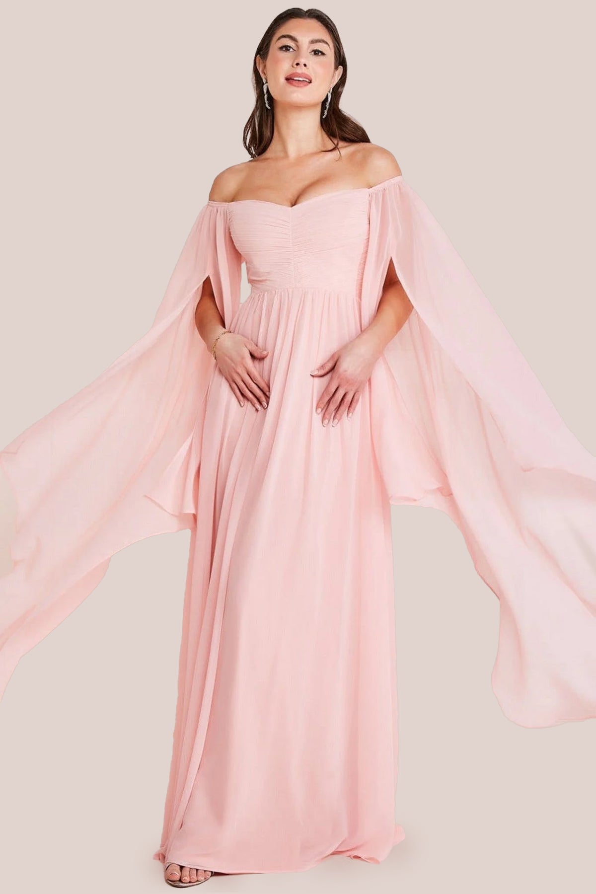 Chiffon Off The Shoulder Maxi With Cape Sleeves  - Blush DR3780
