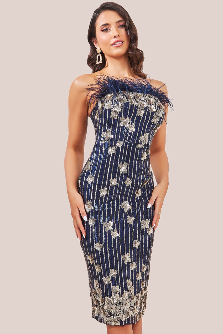 Sequin And Feather Boobtube Midi - Navy DR3783