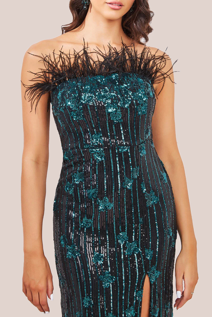 Sequin And Feather Boobtube Maxi - Emerald DR3784