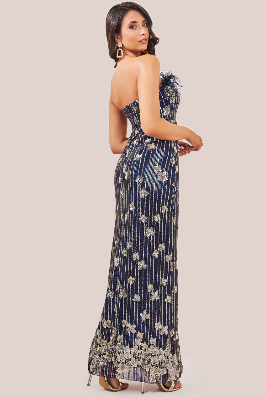 Sequin And Feather Boobtube Maxi - Navy DR3784