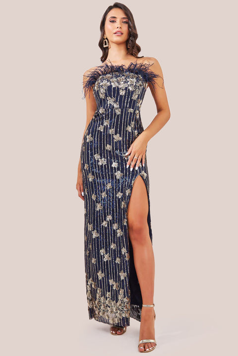 Sequin And Feather Boobtube Maxi - Navy by Goddiva