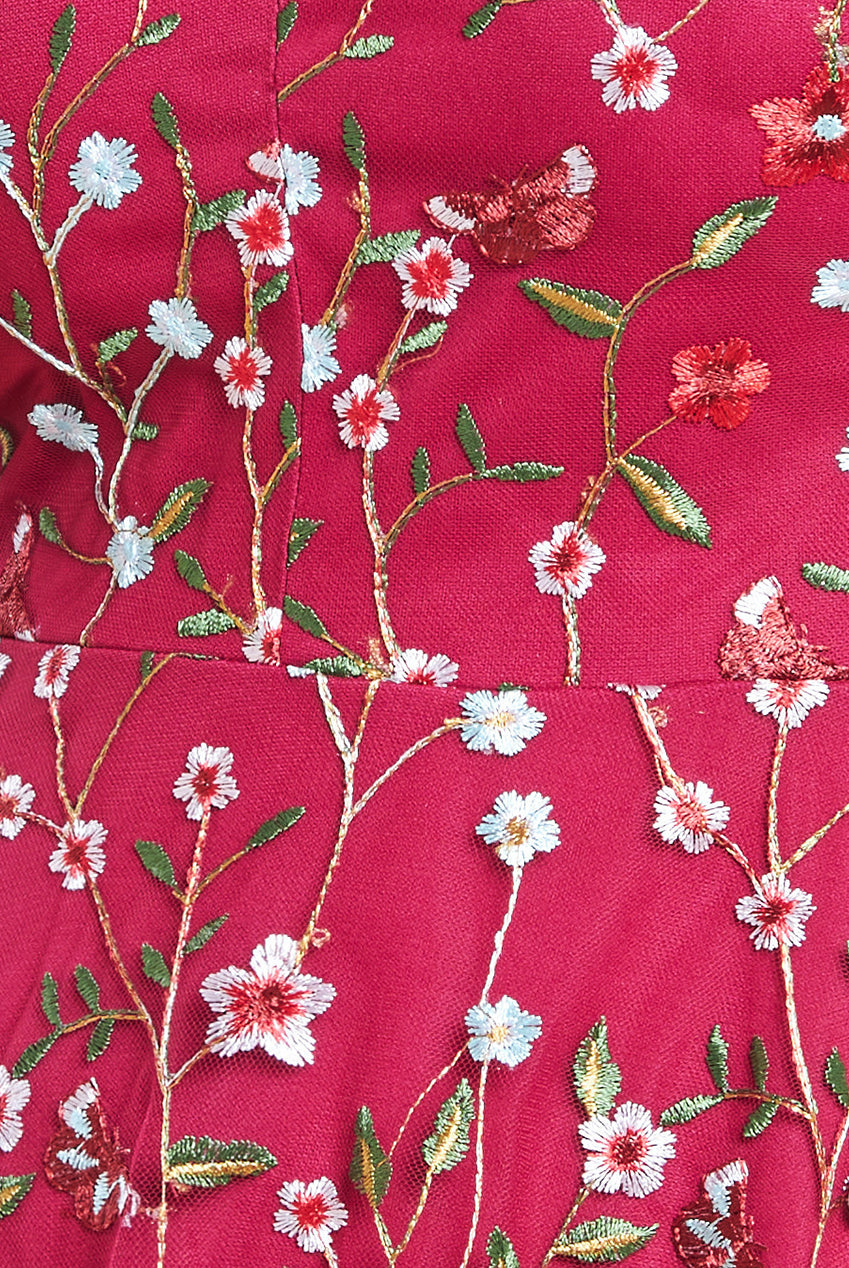 Flutter Sleeve Floral Embroidered Maxi - Burgundy DR3798