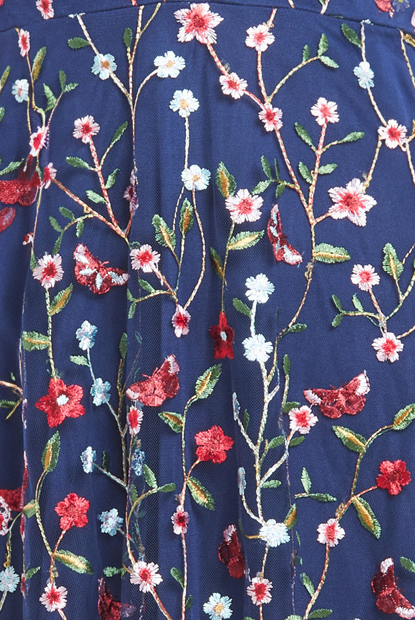 Flutter Sleeve Floral Embroidered Maxi - Navy DR3798