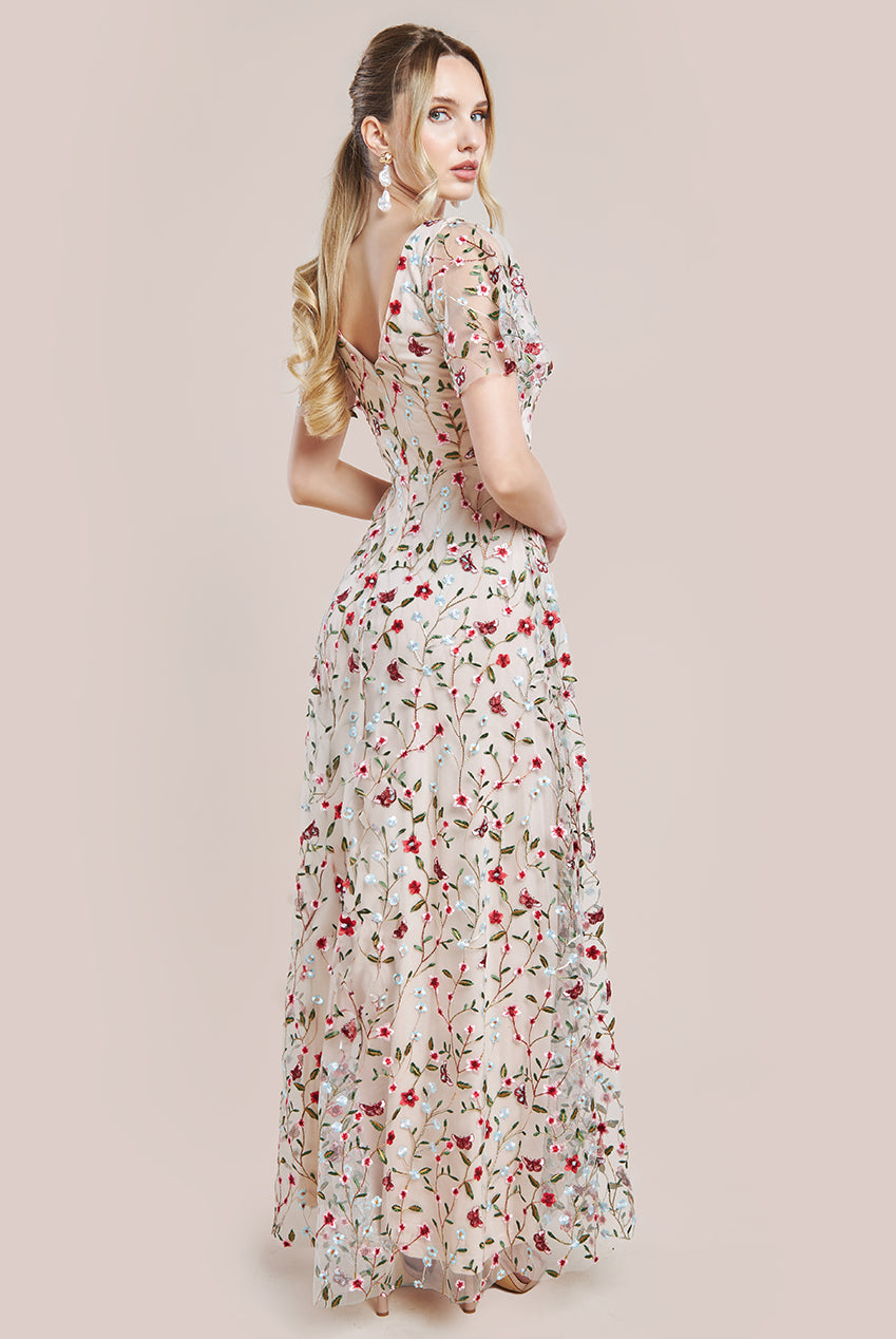 Flutter Sleeve Floral Embroidered Maxi - Nude DR3798