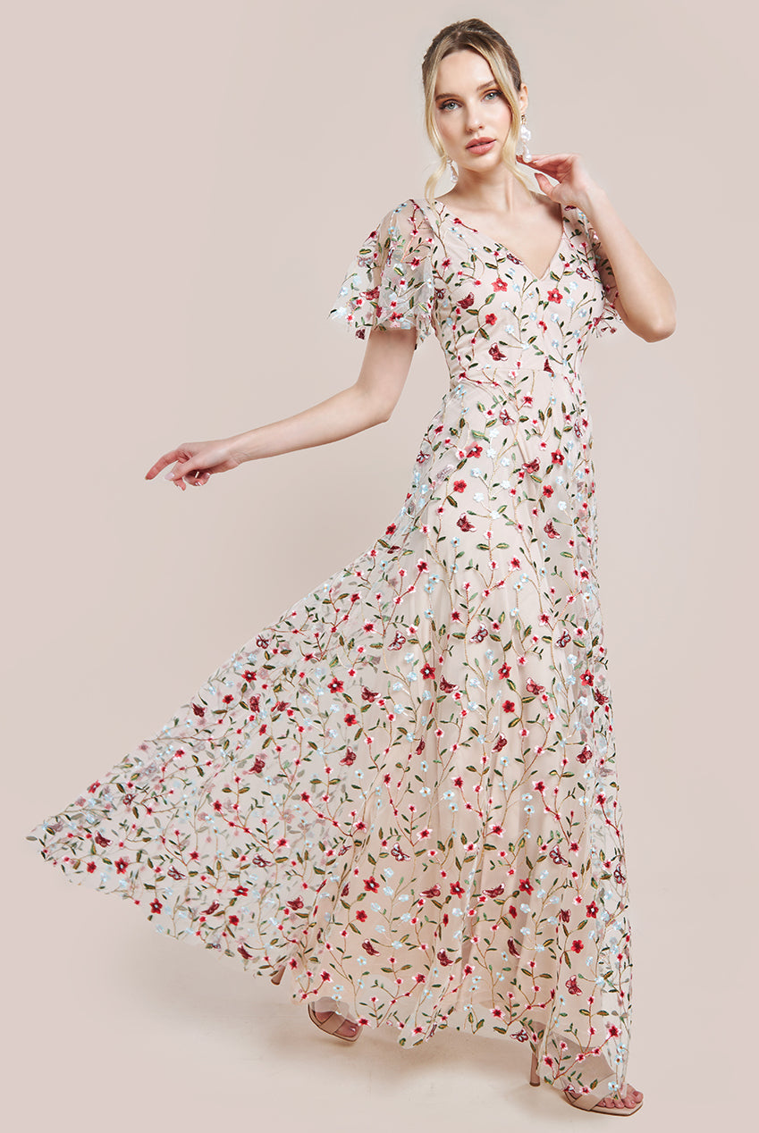 Flutter Sleeve Floral Embroidered Maxi - Nude DR3798