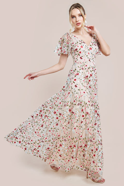 Flutter Sleeve Floral Embroidered Maxi - Nude DR3798