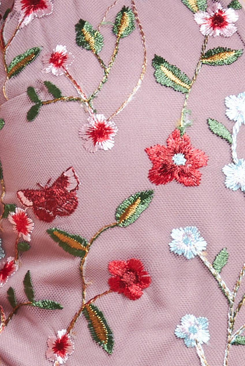Flutter Sleeve Floral Embroidered Maxi - Rose Pink DR3798