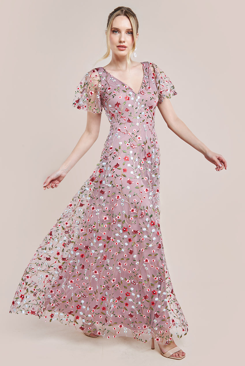 Flutter Sleeve Floral Embroidered Maxi - Rose Pink DR3798