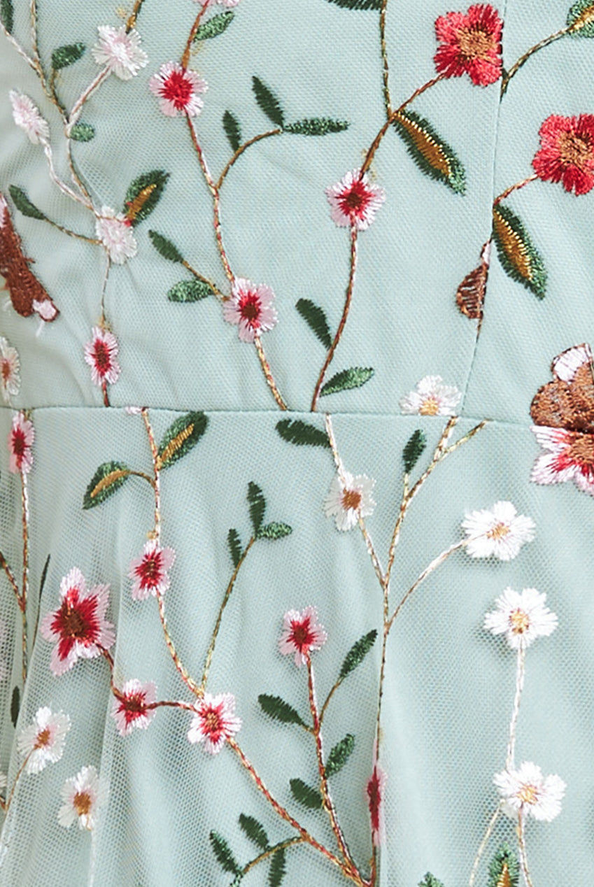 Flutter Sleeve Floral Embroidered Maxi - Sage Green DR3798